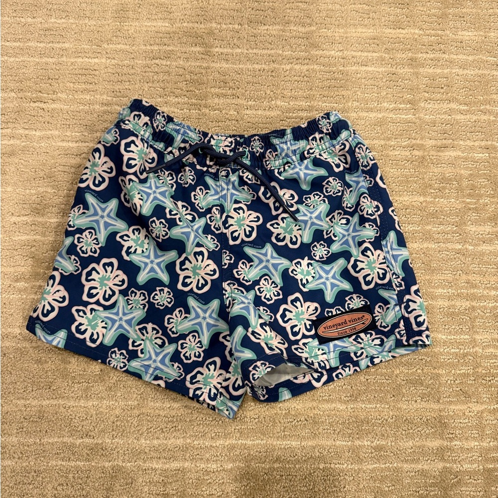 Boys Vineyard Vines Blue and White Floral Swim Trunks 4T